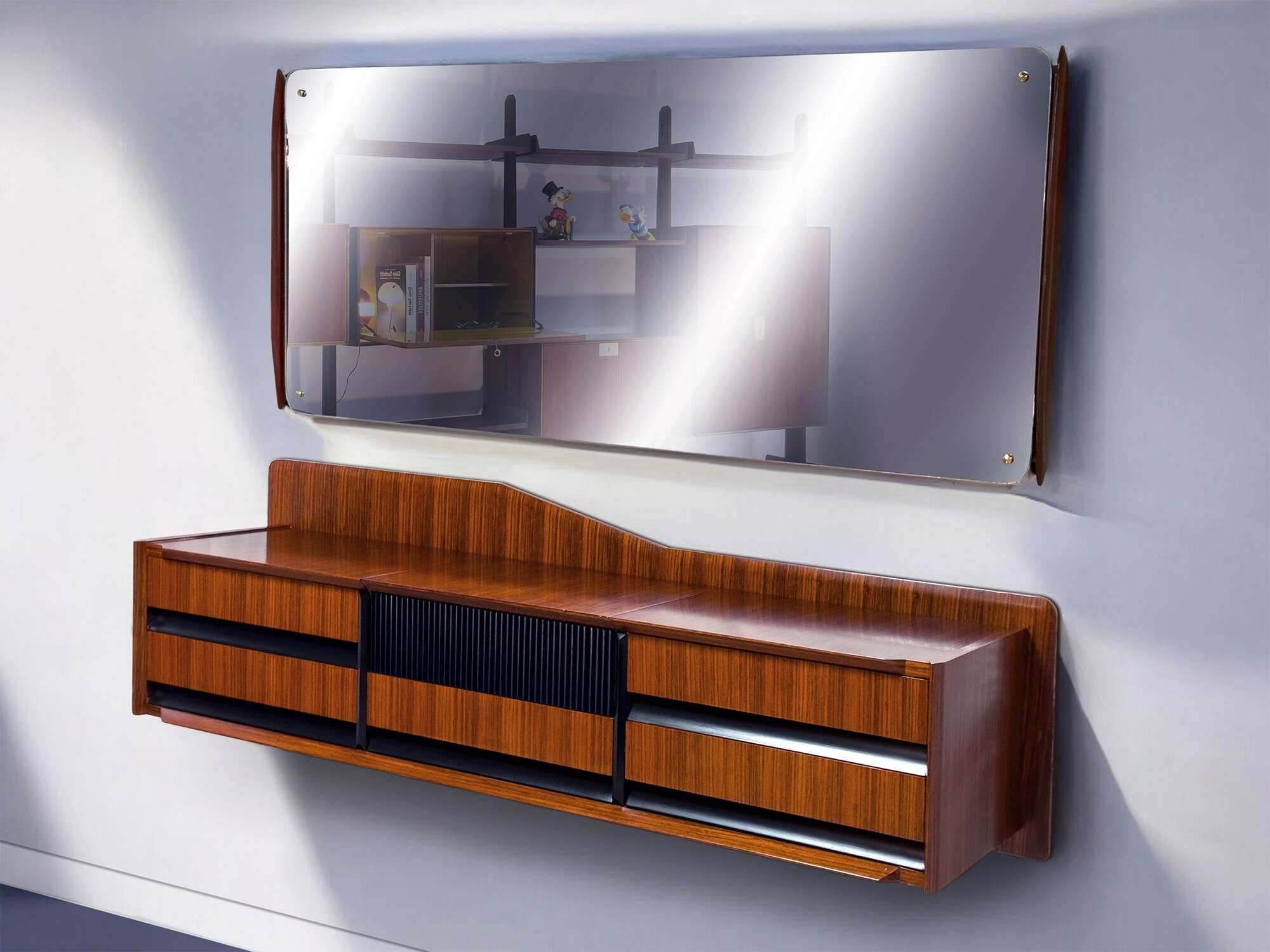 Cassettiera italiana in sospensione a muro con specchio disegnata da Vittorio Dassi, 1950s 